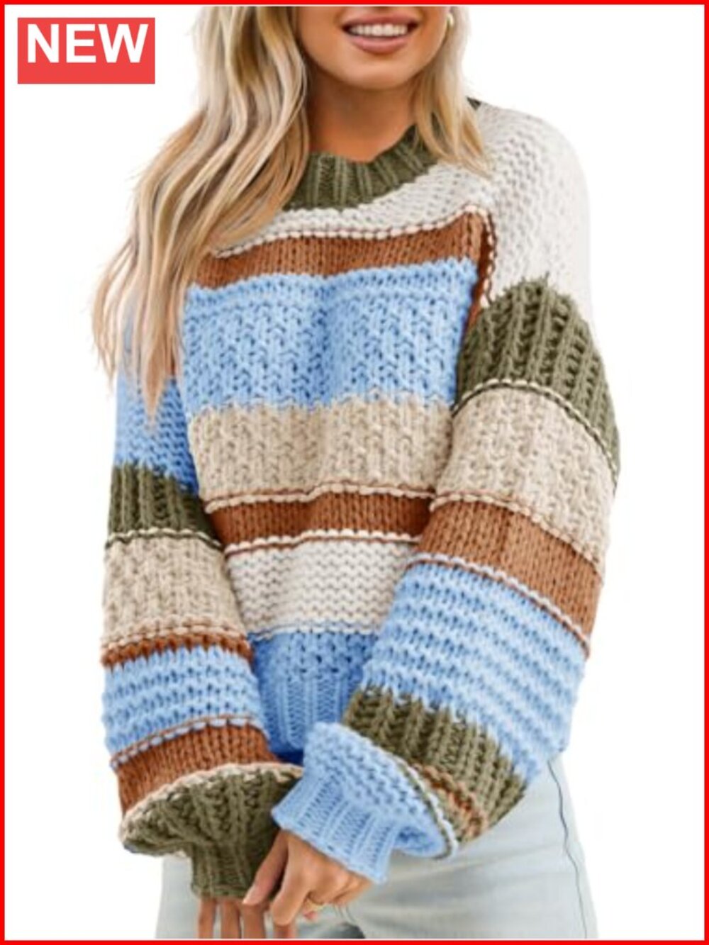 Chunky Knit Cropped Sweater Striped Loose Fit Long Sleeve Pullover